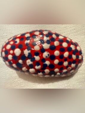 Hand-Painted Home Art Stone in Red with Blue & White Dots